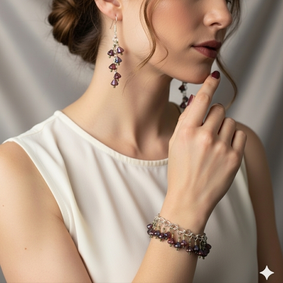 Bracelet 6.75" Beaded Charm Earrings Set Handmade Red Czech Glass Flower Dangle - Picture 2 of 11